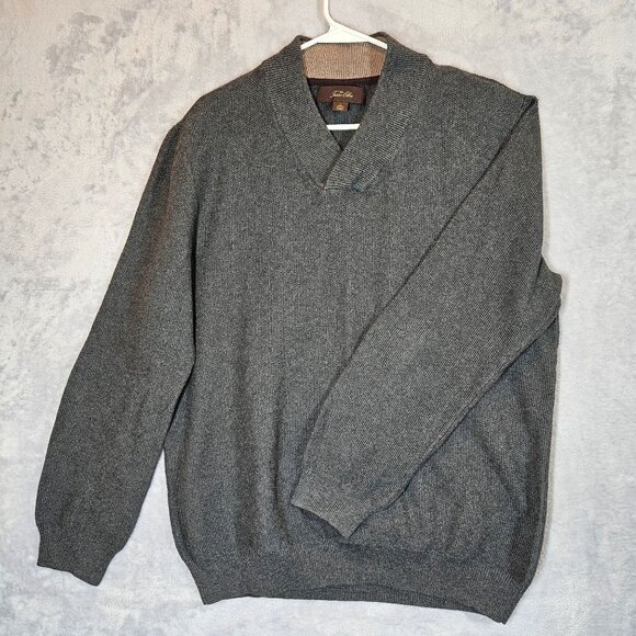 Tasso Elba Mens Large Grey Cotton Long Sleeve V-Neck Sweater tight knit career - Picture 1 of 11